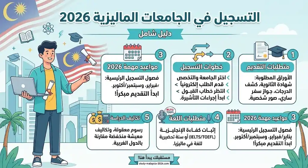 التسجيل في الجامعات الماليزية 2026 يوضح خطوات التقديم، شروط القبول، الوثائق المطلوبة، ومواعيد التسجيل للطلاب الدوليين.